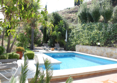 G55 - Lækker pool omgivet af palmer og have.